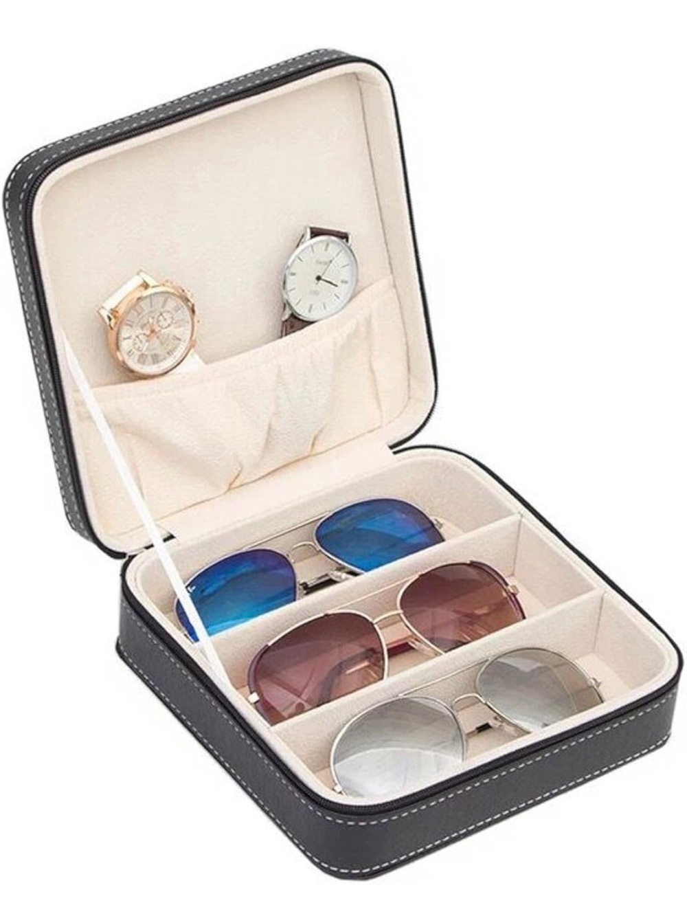3 Pair Sunglasses Organizer Faux Leather Travel Eyeglasses Storage Case